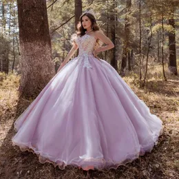 Rosa Rhinestones Ball Gown Quinceanera Klänningar Sweetheart Neck Lace Appliqued Prom Crows Sweep Train Tulle Sweet 15 Masquerad Klänning