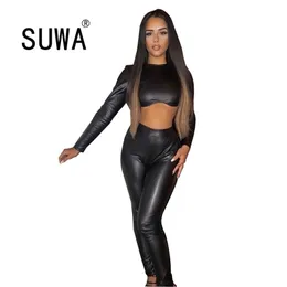 Sale Europe and America Long Sleeve Crop Top Stretch PU Leather Pencil Pants Two-piece Set Women Clothing Party Night Club 210525