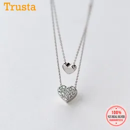 TrustDavis Real 925 Sterling Silver Fashion Romantic Double Heart Chain Necklace For Women Wedding Valentine's Day Jewelry DB296 Q0531