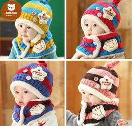 2 шт / комплект Новый мальчик девушка унисекс осень зима младенца шляпа + SARF набор детские шапки шарф детей младенческие кепки 591w