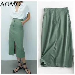 Aomo Kobiety Zielona Bawełniana Spódnica Midi Faldas Mujer Vintage Zipper Biuro Panie Eleganckie Chic Mid Calf Spódnice 4C99A 210629