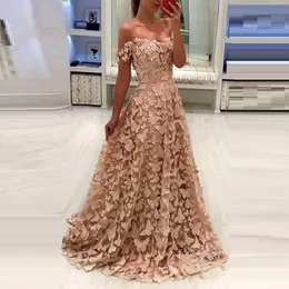 Piękny Off Ramka Różowy Prom Dresses Długie Koronki A-Line Formalne Suknie Wieczorowe Suknie Vestidos de Festa