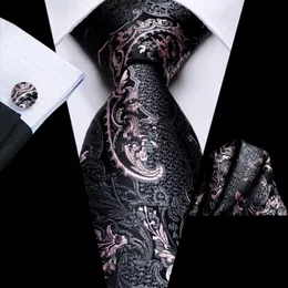 Bow Ties Black Pink Floral Silk Wedding Tie For Men Handky Cufflink Necktie Set Fashion Design Business Party Drop Hi-Tie