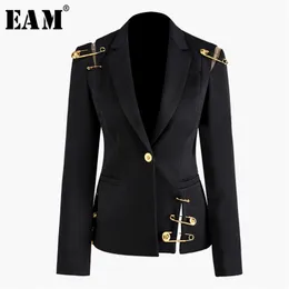 [EAM] Loose Fit Black Hollow Out Pin Splited Jacket Lapel Z Długim Rękawem Kobiety Płaszcz Moda Wiosna Jesień JZ500 210914