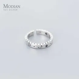 100% argento sterling 925 incidere fantasia fascino stelle luna moda anelli di barretta per le donne gioielli femminili regolabili 210707