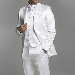 Biały satynowy pana młodego smokingu na wesele ze szczytowym lapelem 3 sztuka niestandardowy mężczyzna garnitury Groomsmen moda ubrania kurtka kamizelka WTH spodnie X0909