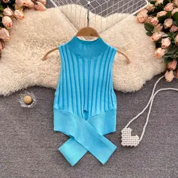 Top Women's Design Sense Niche Scheming Hollow Cross Waist Slimming All-match Fashionable Knitted Vest 210709
