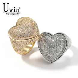 Uwin Heart Anello pieno Iced Out Aaa Cubic Zirconia Micro Bling Bling Hiphop Moda Gioielli delicati per regalo Uomini Donne 211217