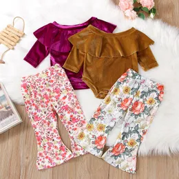 2Pcs Toddler Baby Cute Clothes Set Fall Winter Lovely Velvet Ruffle Long Sleeve Solid Romper+Floral Flare Pants Girls Outfit