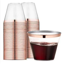 Einweggeschirr, 9 Unzen, 60 Packungen, transparenter Kunststoffbecher mit Roségoldrand – für Reisen, Camping, Geburtstag, Hochzeit, Party