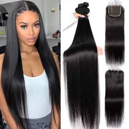 30 32 34 38 38 40 tums brasilianska raka humana hårvävningar Extensions 4 buntar med stängning Gratis Mellan 3 Part Double Weft Dysable blekbar 100g / pc