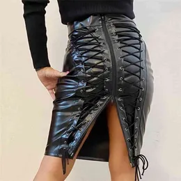 Steampunk Fashion Knee Length Skirt Lady Faux Leather High Waist s Back Zipper Bodycon Pencil for Women 210708