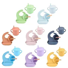 4 Pieces Silicone Baby Feeding Bowl Cup Bib Spoon Sets Children Non-slip Suction Dishes Tableware Infant Food Snack Bowl H1111