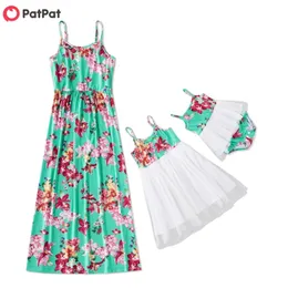 Summer Mosaic Mommy and Me Floral Mesh Tank Sleeveless Dresses Sister Romper Matching Outfits Clothes 210528