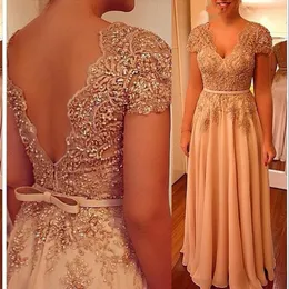 2021 Blush Pink Evening Dresses for Women Wear V Neck Cap Sleeves Lace Appliques Crystal Beaded Sashes Plus Size Prom Dress Party Gowns