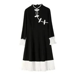 Być może u kobiet chiński styl suknia cheongsam z długim rękawem mini sukienka czarno-biały patchwork flary rękaw klamra D1740 210529