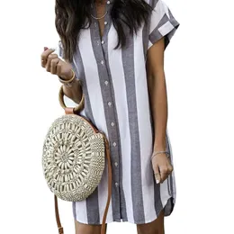 Deruiladyの新しい女性の夏のシャツの緩い袖のボタン縞模様のショートドレス女性カジュアルミニドレスvestidos Q190522