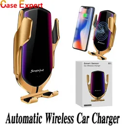 R1 Infrared Sensor Wireless Car Charger Automatic Clamping For iPhone 13 Pro Max Qi Enable Device Air Vent Phone Holder 10W Fast Charging