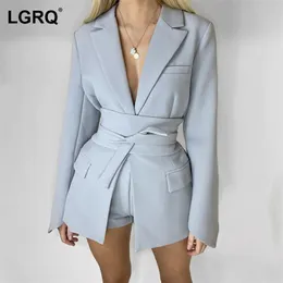 [LGRQ] Slim Fit Khaki Elegant Belted Lace Jackets Notched Neck Long Sleeve Women's Coat Fashion Autumn Winter 19D1909 211014