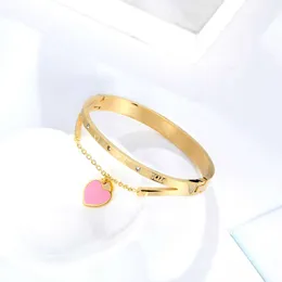 Oval Roman Numeral Bangle Hang Blue and Pink Heart Stainless Steel Woman Bracelet Luxury Brand Bangle Jewelry Q0719