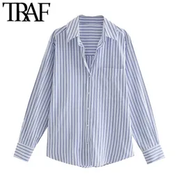 TRAF Donne Fashion Uso Usura a strisce Blusa allentati Vintage manica lunga tasche femminili Shirts Chic Tops 210315