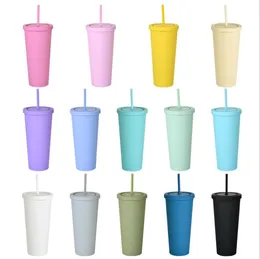 22OZDouble-layer fashion plastic straw Mugs for adults and children vacuum coffee cup candy color gradient large capacity Thermos cups