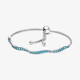 100% Sparkling Link Chain Blue Wavy Slider Bracelets 925 Sterling Silver Adjustable Cubic Zirconia Bracelet Fashion Women Wedding Engagement Jewelry Accessories