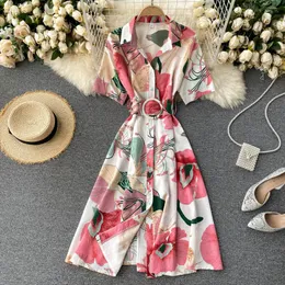 Teeuiear Slim Polo Neck Summer floral print Long Blouse Dress Party bandage vestido de festa Women beach Elegant Tunic dress X0521