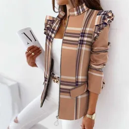 Casual Plaid Zip Blazer Jacket Women Spring Fall Long Sleeve Stand Neck Slim Coats Elegant Leopard Ruffle Office Suit Coat 211122