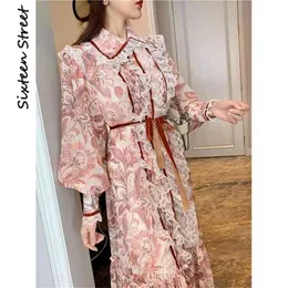 Vintage tryckt klänning kvinna långärmad nedbrytning krage elegant party damer röd blommig maxi vestidos höst sp 210603