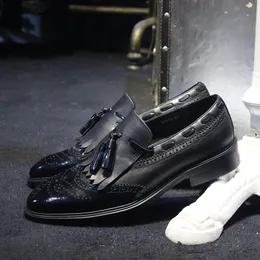 Preto vintage borla estilo franja trabalho escritório homens feitos à mão couro de grão completo senhores sapatos de negócios formais 111
