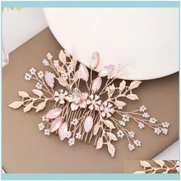 Barrettes Gioielli GioielliRosa color oro Pettini di cristallo Foglie di fiori Fermagli per capelli fatti a mano Sposa Noiva Matrimonio nuziale Aessories Mujer Drop D