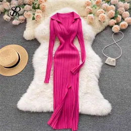 Mulheres Singreiny Mulheres Coreano Dress Manga Longa V Pescoço Elastic Slim Lápis Vestidos Outono Sexy Bodycon Split Split Vestido 210915