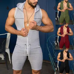 Men's Tracksuits Summer Men Casual Solid Color Sleeveless Jumpsuit Pockets Short Pants Hooded Romper With Male Fashion Rompers
