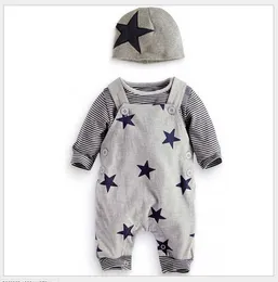 セット赤ちゃん男の子秋の3枚の服セット幼児長袖ストライプTシャツ+星印刷サスペンダーロンパースパンツ+帽子幼児スーツ
