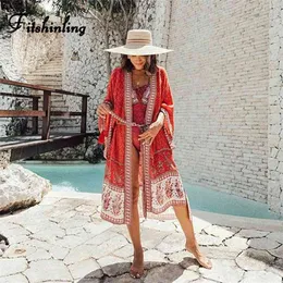 Fitshinling Bohemian Holiday Beach Kimono Cover-Up Купальники Печать Цветочные Летние Летние Длинные Кардиган с Sashes Slim Sexy Bikini Крышка 210722