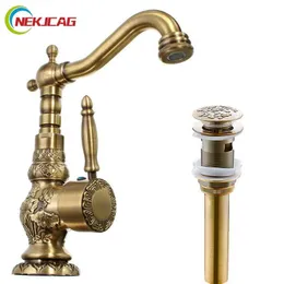 Bateria zlewozmywakowa Antique Mosiądz 360 Obróć Kitchen Kitchen Faucet One Uchwyt Pojedynczy Otwór i Mieszalniki Wodne