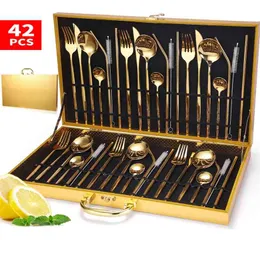 42PCS Rainbow Tableware Set Fork Spoon Knife Cutlery Set 18/10 Stainless Steel Dinner Dinnerware Set Holiday Gold Wood Gift Box 210706