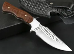 On Sale!! Straight Hunting Knife 3Cr13Mov Drop Point Satin+Laser Pattern Blade Full Tang Rosewood Handle Knives With Leather Sheath