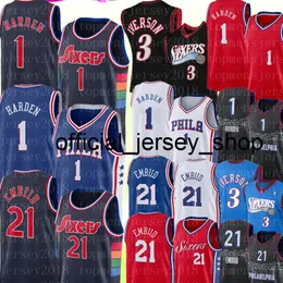 Jame 1 S硬貨ジャージー2022 Joel 21 edbiid Allen 3 Iverson Basketball Jerseysブルーホワイトレッドブラック刺繍S S M L XL XXL高品質