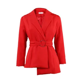 Tiefer V-Ausschnitt Sexy Frauen Blazer Tops mit Taillengürtel Abgeschnittene Blazer Übergroßer Mantel Herbst Mode Büro Dame Herbst Oberbekleidung 210527