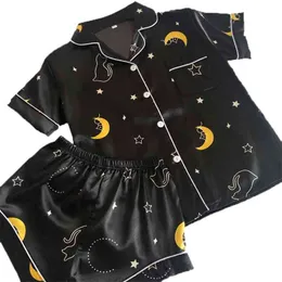 QWEEK Sidenpyjamas för kvinnor Pyjamas Satin Femme Print Nattlinnen Set Dam Pijamas Hemdräkt Nattkläder Shorts och topp 210830