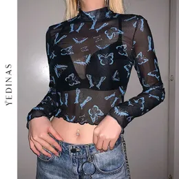 Yedinas Blue Butterfly Printed Mesh T Shirts Women Translucent See Through Turtleneck T-shirt Long Sleeve Tee Shirt Slim 210527