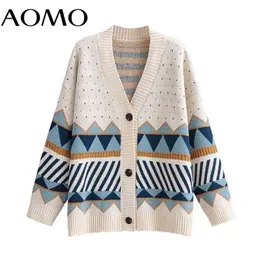 AOMO Autumn Winter Women Geometry Knitted Cardigan Sweater Jumper Button-up Female Tops 1F313A 210917