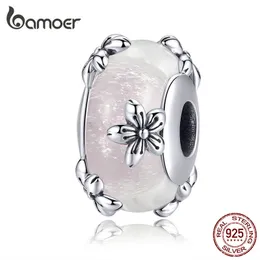 Bamoer Vintage Flower Handgjorda Murano Pärlor för kvinnor Origianl Silver Armband Glas Charm 925 Sterling Silver Smycken SCC1302 Q0531