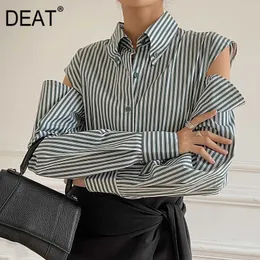 [DEAT] Lato Moda Single-Breasted Stripe Long Sleeve Turn-Down Collar Bez Ramiączek Luźna Koszula damska 13Q174 210527