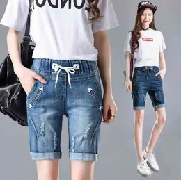 Jeans For Women Summer Kenn Length Pants Elastic High Waist Loose Plus Size Hole Crimping Denim Shorts 211129