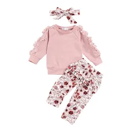 Clothing Sets 3Pcs Little Girls Outfits Autumn Toddlers Suits Lace Long Sleeve Round Collar Tops Floral Printing Pants Headwear