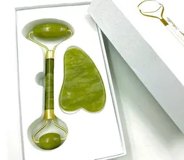 with box Jade Roller + gua sha Facial Face Neck Slimming Massager guasha gua sha kits weld metal noise free zinc alloy frame