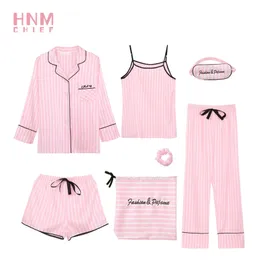 HNM розовая полоса печать пижамы набор Silk сатин домашняя одежда женская 7 штук для пижама наборы пижама женщин весна лето осень 210809